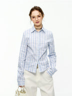 ikyou Shape Retention Slim Fit Pleated Embroidered Plaid Collared Long Sleeve Shirts