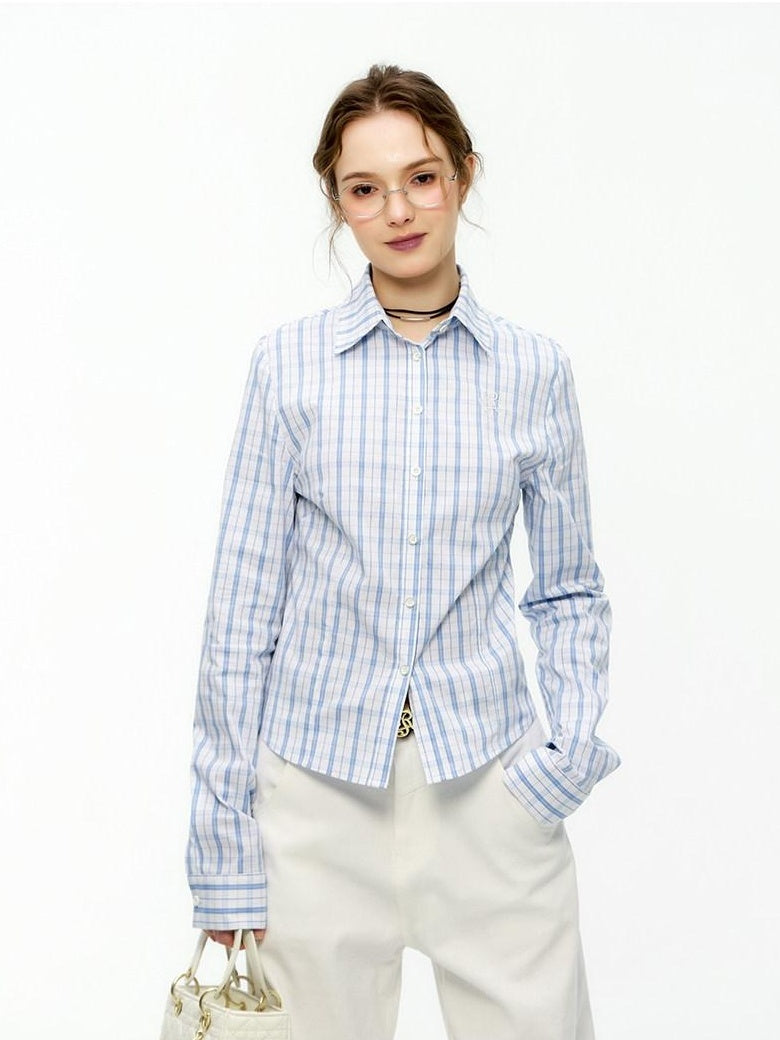 ikyou Shape Retention Slim Fit Pleated Embroidered Plaid Collared Long Sleeve Shirts