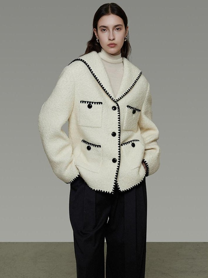 unspoken Lambswool Blend Tailored Loose Minimal Notch Collar Officewear Women Wool Coats