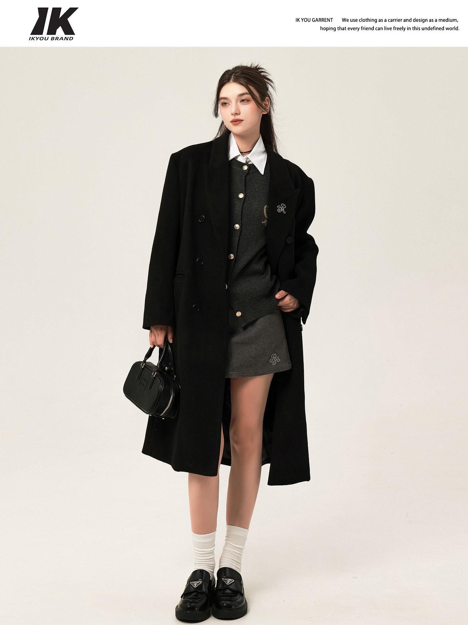 ikyou Wool Blend Double Breasted Straight Mid Length Office Tailored Black Long Coats