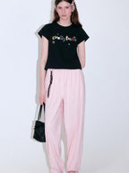 fano Creative Print Soft Cotton Blend Fitted Korean Black Long Sleeve Crop Tops
