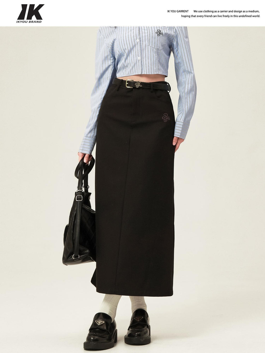 ikyou High Waist Embroidered A Line Minimal Office Midi Khaki Black Maxi Skirts
