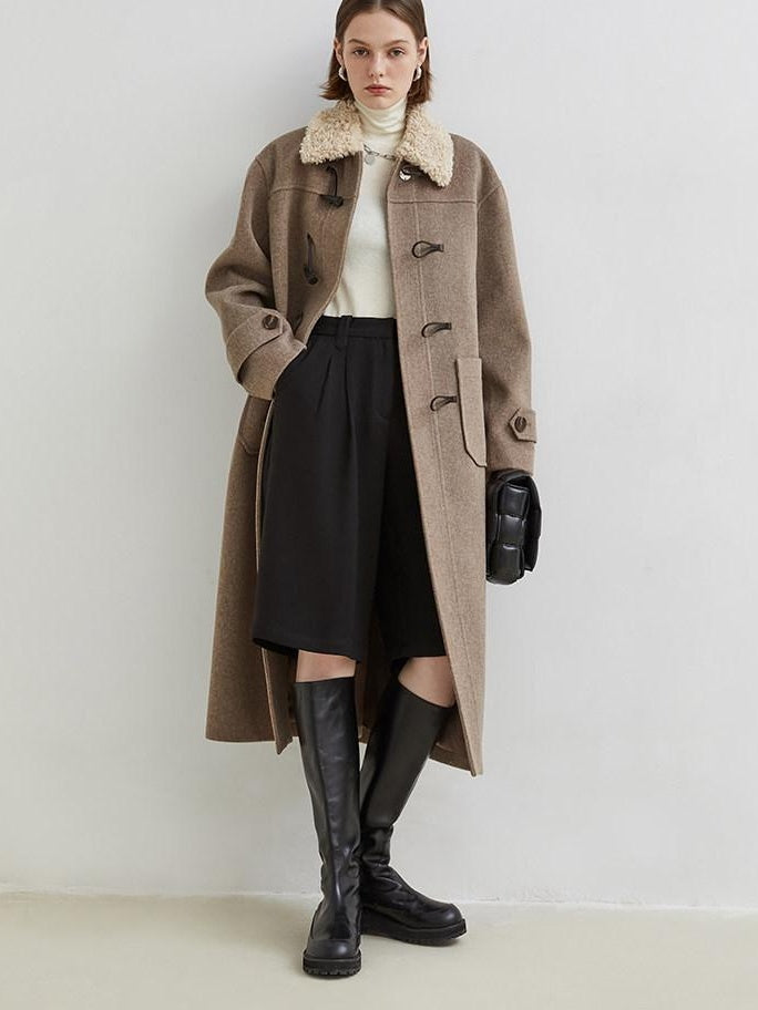 fano Thick Minimalist Commuter Straight Long Stand Collar Toggle Women Wool Coats