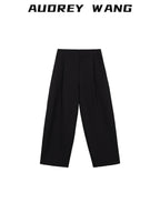 audreyyang Comfortable Pleated Natural Waist Women Polyester Zip Fly Wide Leg Pants