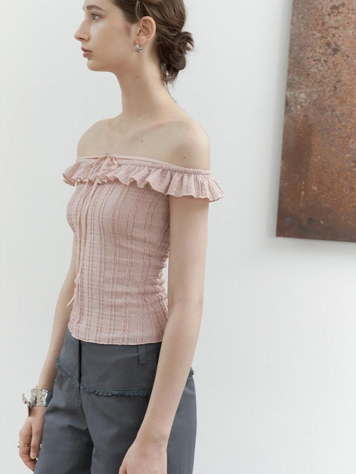 someonesometimes Lace Tie Slim Fit Short Solid Mauve Cream Daily Chic Off Shoulder Crop Tops