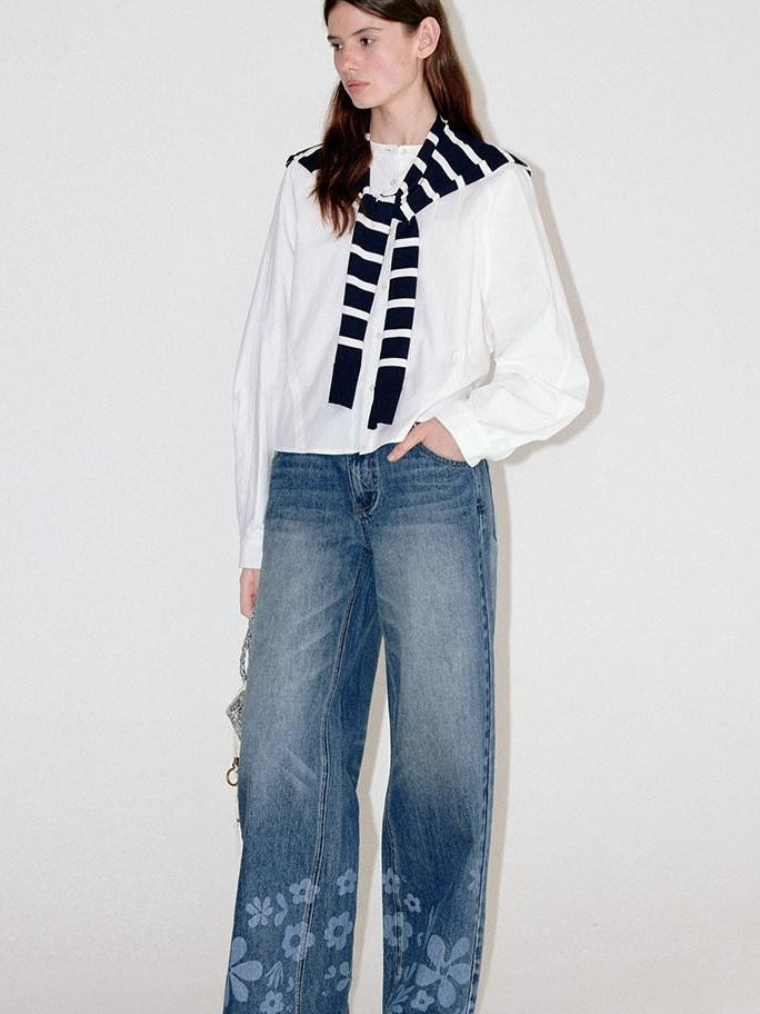 fano Natural Waist Indigo Dyed Loose Fit Women Casual Blue Denim Wide Leg Jeans