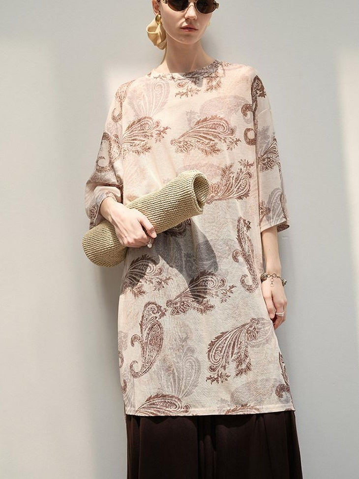 audreyyang Light Commuter Loose Paisley Print Round Neck Women Long Sleeve T-Shirts