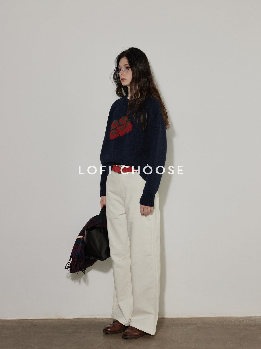 Lofi choose Cozy Crew Neck Loose Fit Office Knit Pullover Off White Navy Sweaters