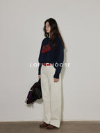 Lofi choose Cozy Crew Neck Loose Fit Office Knit Pullover Off White Navy Sweaters