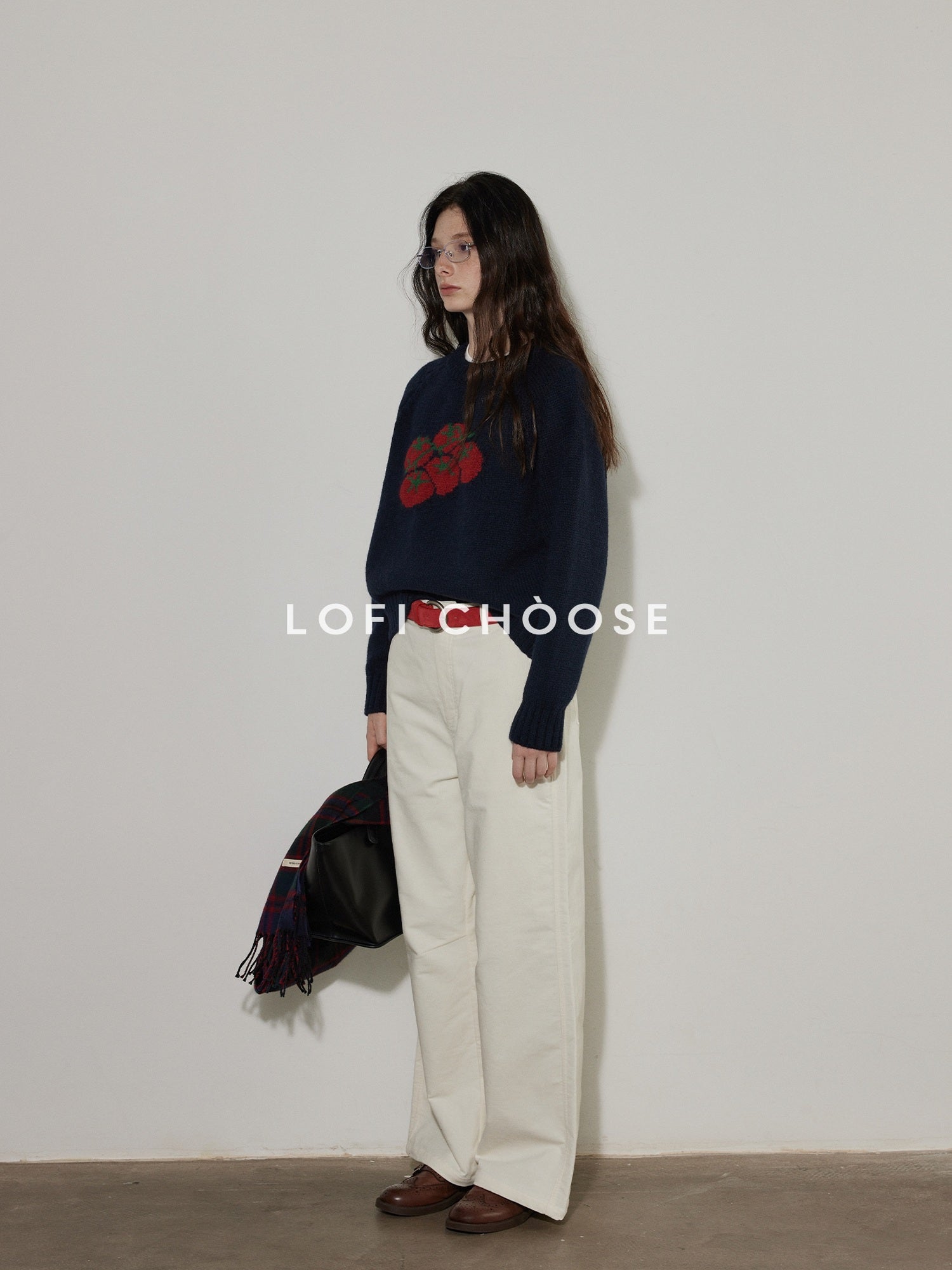 Lofi choose Cozy Crew Neck Loose Fit Office Knit Pullover Off White Navy Sweaters