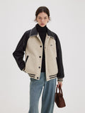 fano Shell Embroidered Commuter Loose Wool Raglan Women Colorblock Bomber Jackets