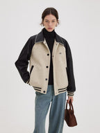 fano Shell Embroidered Commuter Loose Wool Raglan Women Colorblock Bomber Jackets