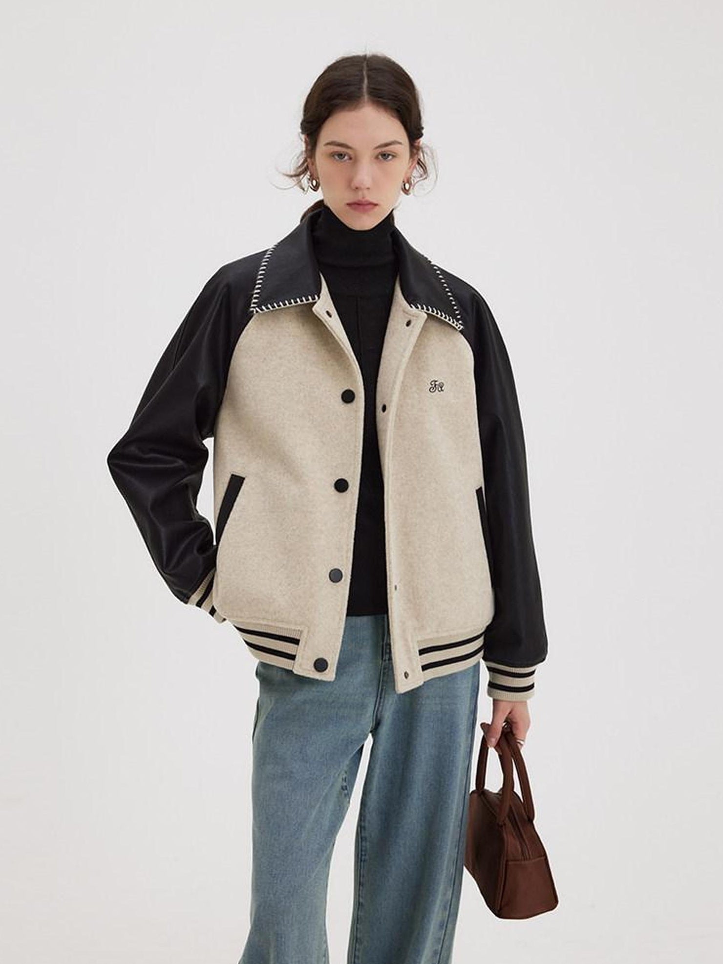 fano Shell Embroidered Commuter Loose Wool Raglan Women Colorblock Bomber Jackets