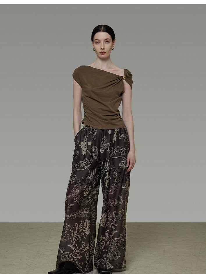 unspoken Eco Hemp Cotton 3D Detail Slim Fit Asymmetric Neck Brown Off Shoulder Crop Tops