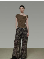 unspoken Eco Hemp Cotton 3D Detail Slim Fit Asymmetric Neck Brown Off Shoulder Crop Tops