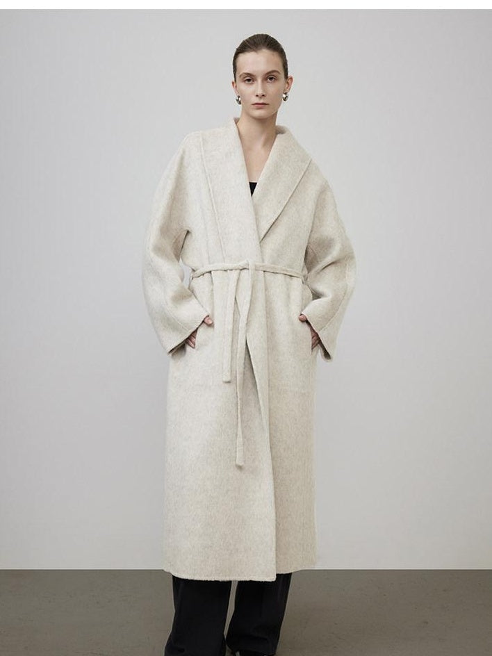 unspoken Warm Wool Rabbit Silk Blend Tie Waist Straight Cut Minimal Commuter Long Coats