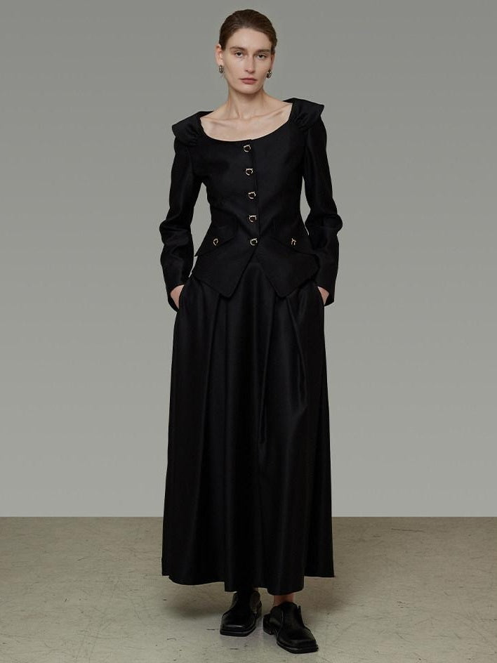 unspoken Slim Long Sleeve Square Neck Button Crop Top High Waist Black Top & Skirt Sets