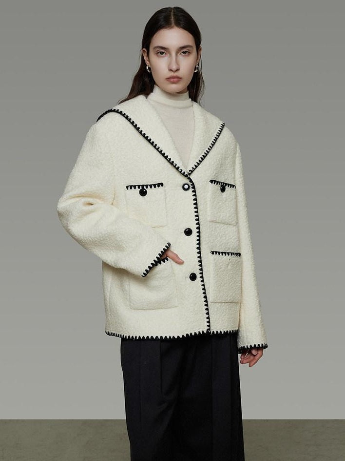 unspoken Lambswool Blend Tailored Loose Minimal Notch Collar Officewear Women Wool Coats