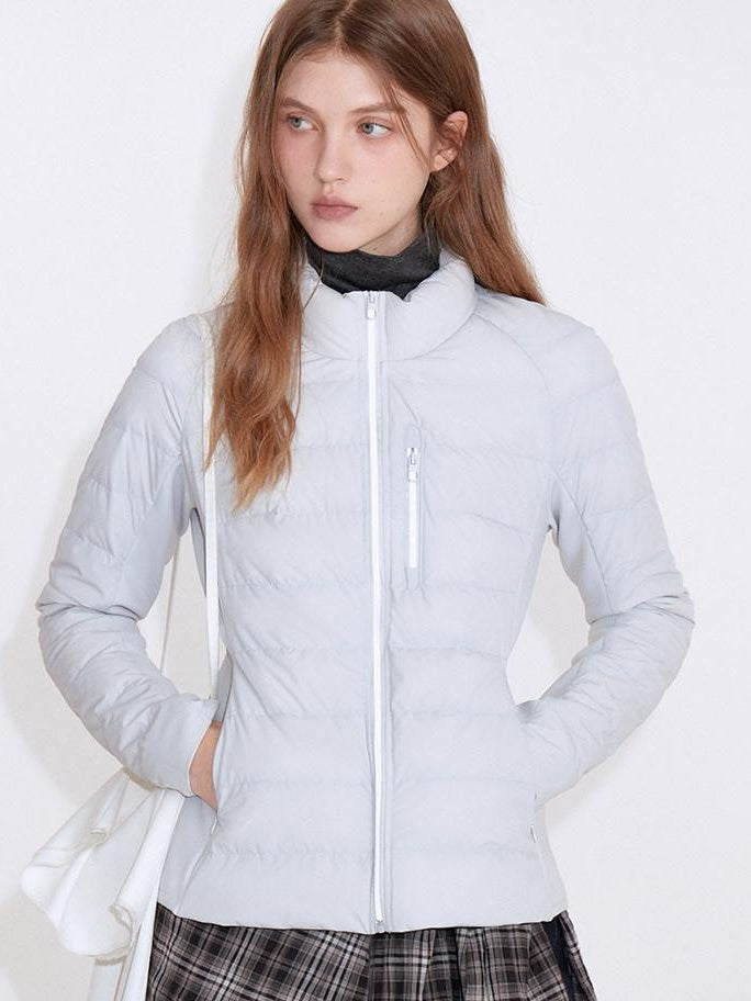 fano 90 Percent Goose Down Slim Stand Collar Zipper Women Light Gray Down Jackets