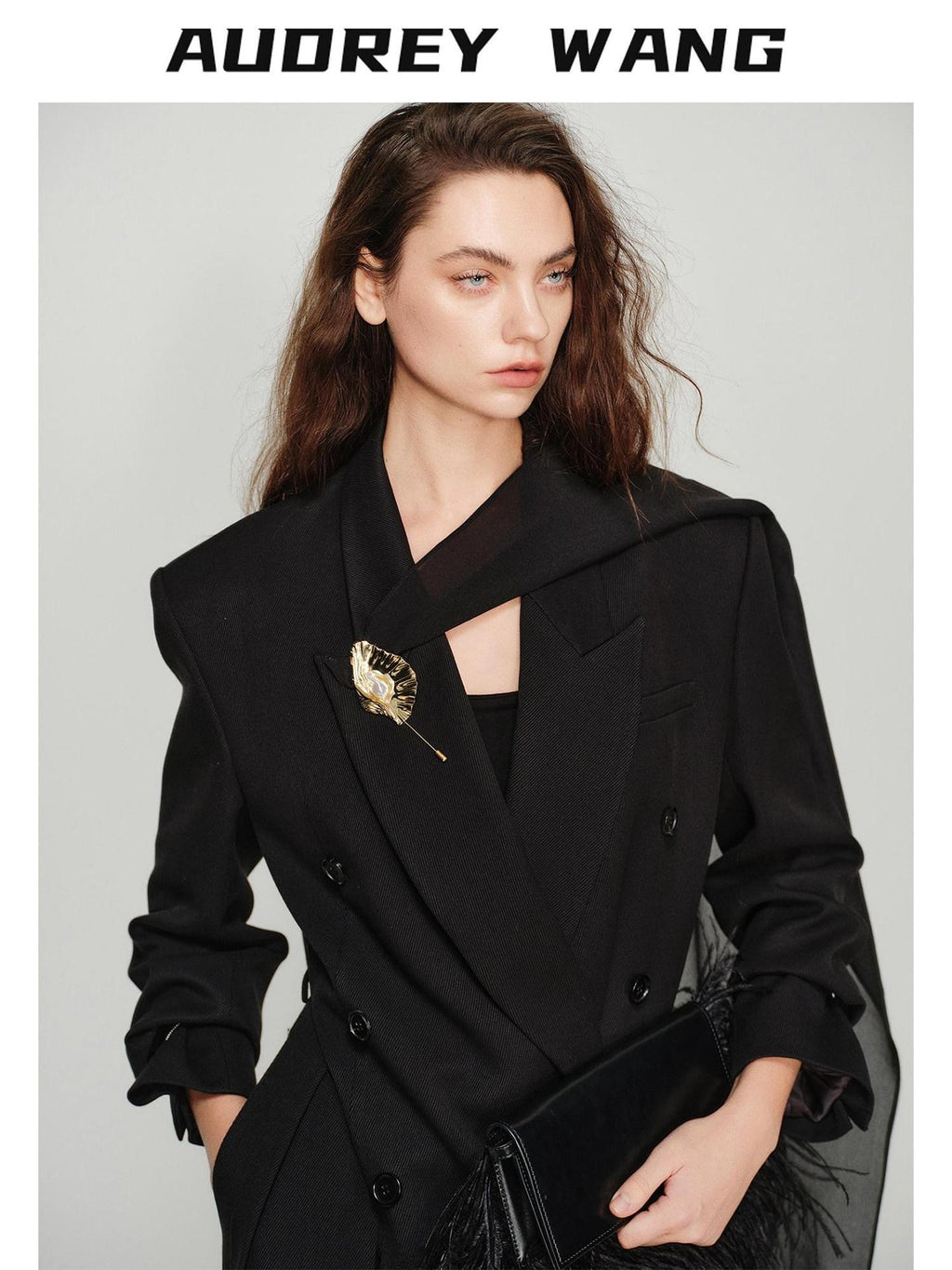 audreyyang Elegant Loose Fit Sash Double Breasted Notch Lapel Black Polyester Blazers