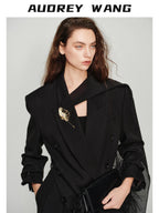 audreyyang Elegant Loose Fit Sash Double Breasted Notch Lapel Black Polyester Blazers