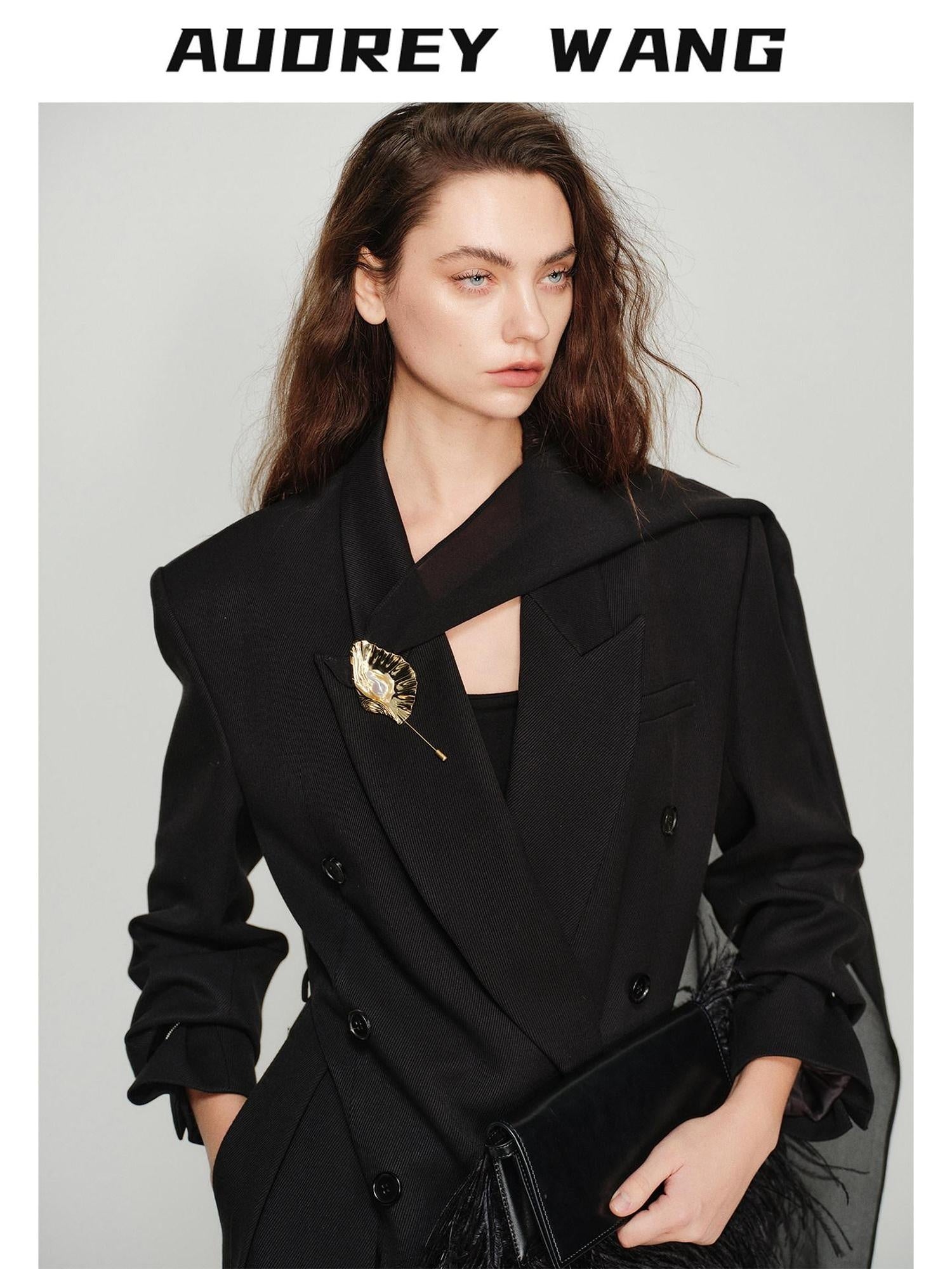audreyyang Elegant Loose Fit Sash Double Breasted Notch Lapel Black Polyester Blazers