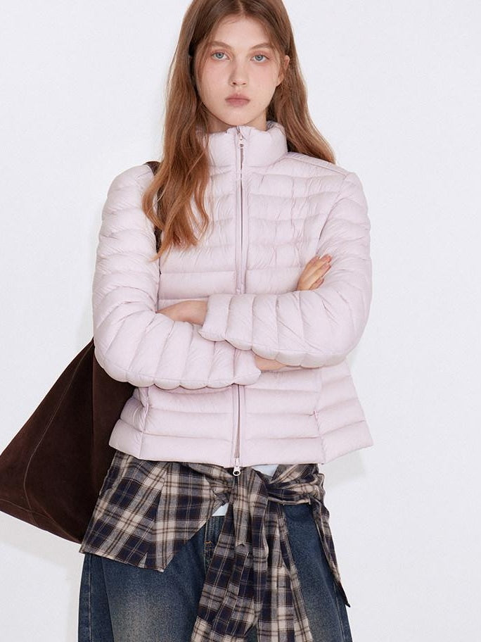 fano 90% White Duck Down Warm Slim Short Stand Collar Zipper Pink Down Jackets