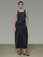 unspoken Minimalist Pleated Cinched Waist Cotton A Line Strap Dress Women Maxi Dresses