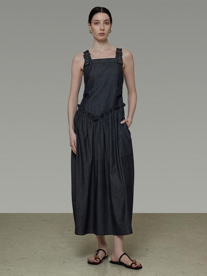unspoken Minimalist Pleated Cinched Waist Cotton A Line Strap Dress Women Maxi Dresses