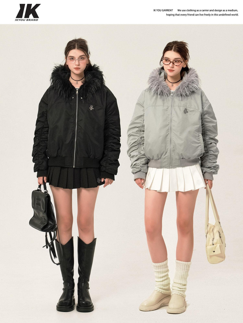 ikyou Insulated Fur Trim Hood Minimalist Straight Cut Urban Warm Nylon Puffer Jackets