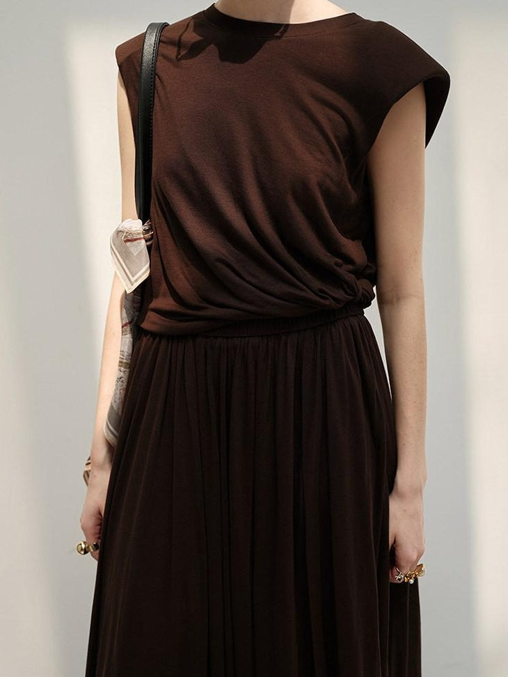 audreyyang Recycled Viscose French Chic Pleated Aline Two Piece Sleeveless Maxi Dresses