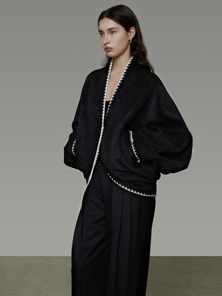 unspoken Minimalist Commuter Tailored Oversized V-neck Short Black Women Wool Coats