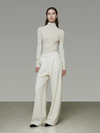 unspoken Comfort Elastic Natural Waist Minimal Solid White Polyester Blend Wide Leg Pants