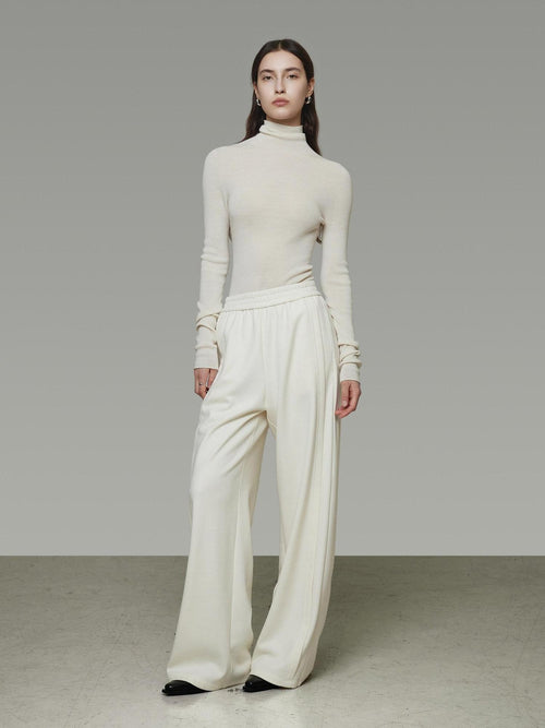 unspoken Comfort Elastic Natural Waist Minimal Solid White Polyester Blend Wide Leg Pants