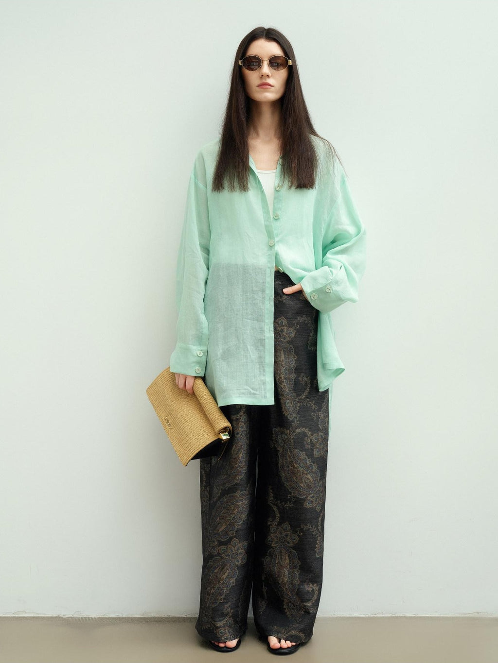 audreyyang Vintage Jacquard Botanical Floral Natural Waist Loose Fit Ladies Wide Leg Pants
