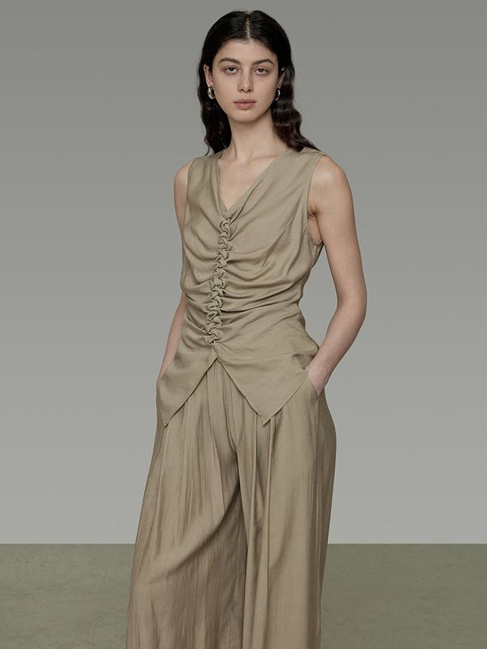 unspoken Ruched Soft Viscose Loose Workwear Women Khaki Solid Off Shoulder Crop Tops