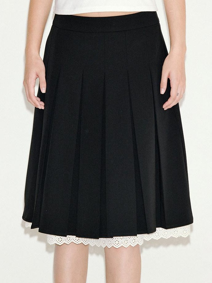 fano Sweet Lace Pleated Mid Waist Paneled Casual Women Black Midi Skirts