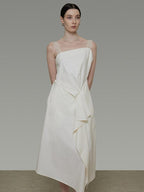 unspoken Cinched Waist Minimalist Asymmetric Spaghetti Strap A Line Midi Maxi Dresses