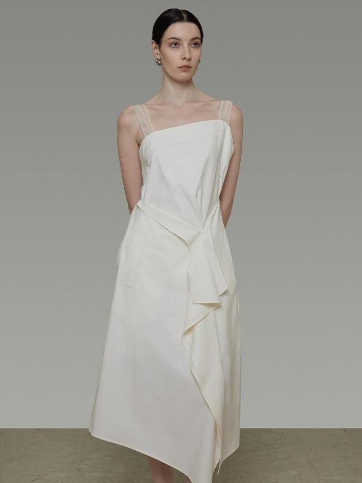 unspoken Cinched Waist Minimalist Asymmetric Spaghetti Strap A Line Midi Maxi Dresses