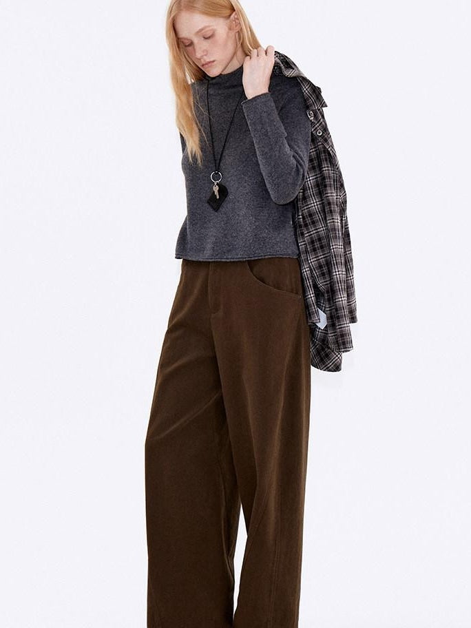 fano Warm Brushed Cotton Relaxed Straight Pocketed Natural Waist Brown Wide Leg Pants