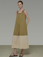 unspoken Khaki Beige Colorblock Sleeveless H Line Round Neck Loose Waist Maxi Dresses