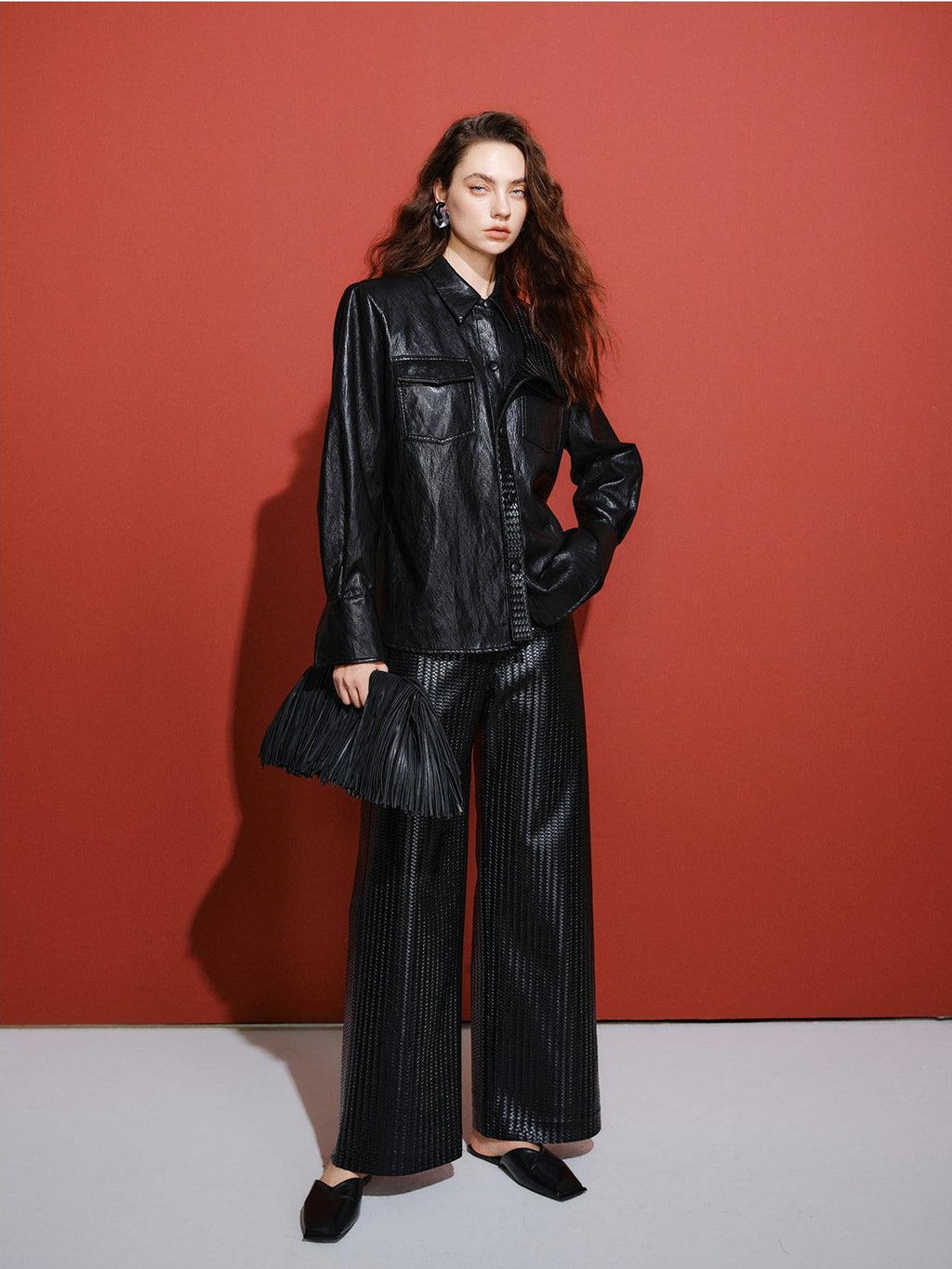 audreyyang Pu Faux Leather Casual Natural Waist Zip Fly Women Straight Pants