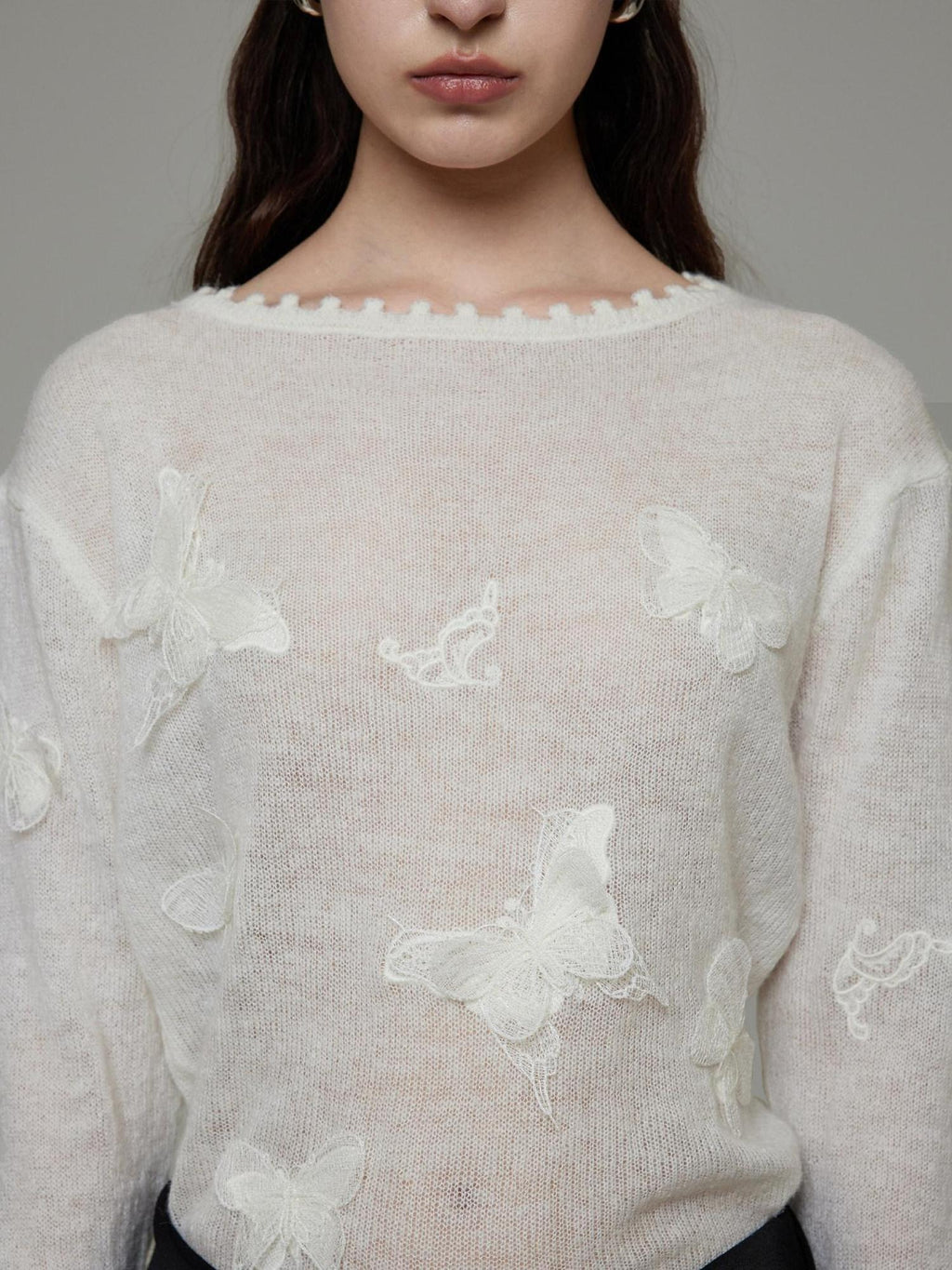 unspoken Breathable Knit Minimalist Relaxed Fit Butterfly Round Neck White Blouses