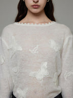 unspoken Breathable Knit Minimalist Relaxed Fit Butterfly Round Neck White Blouses