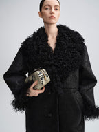 audreyyang Warm Wool Shearling Collar Patchwork Loose Midlength Women Black Long Coats