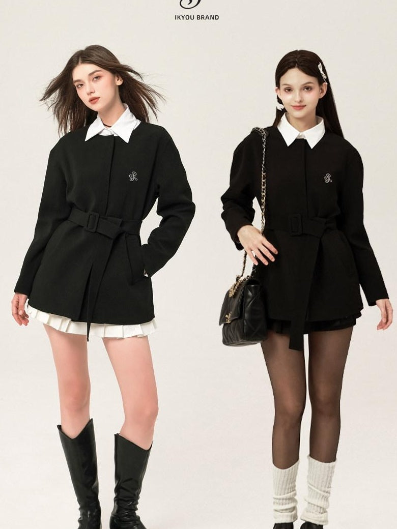 ikyou Versatile Belted Relaxed Fit Office Casual Women Polyester Black Blazers