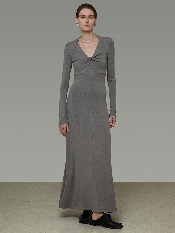 unspoken Soft Breathable Vneck Longsleeve Waist Cinch Viscose Knit Maxi Dresses