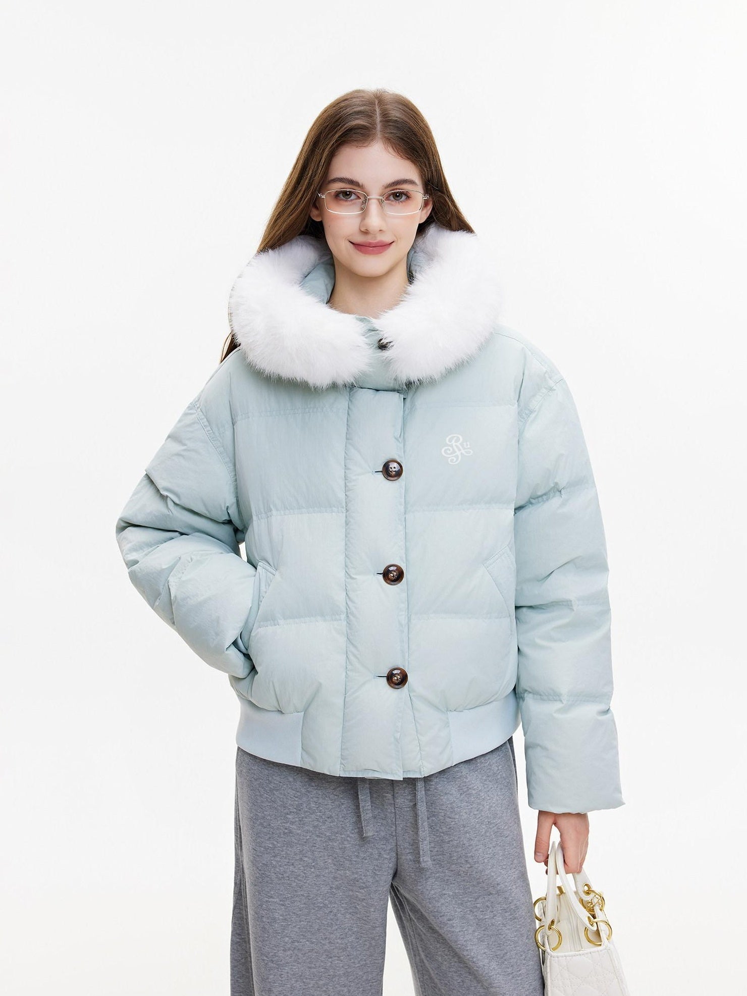 ikyou Warm Embroidered Detachable Hood Korean Loose Nylon Padded Teal Puffer Jackets