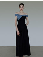 unspoken High Waist Colorblock V-neck A Line Viscose Knit Casual Women Maxi Dresses