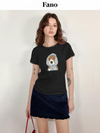 fano Soft Cotton Korean Slim Round Neck Animal Print Women Short Sleeve T-Shirts
